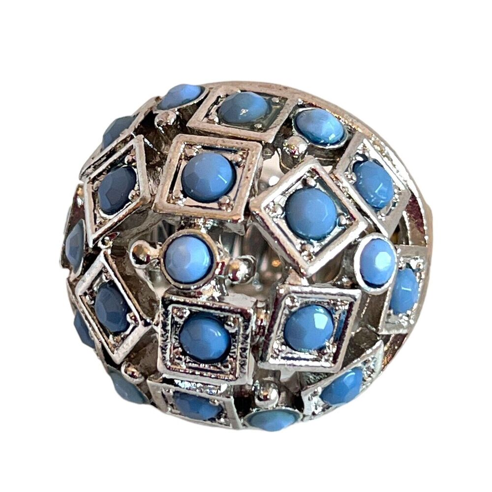 New Cocktail Stretch Ring Silver Tone Blue Accents - 6K